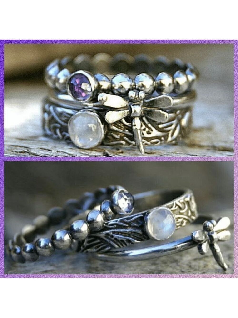 3 Layered Set Boho Dragonfly and Flower Stackable Ring #1119